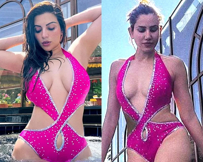 shama sikander sonnalli seygall pink swimsuit cleavage sexy body