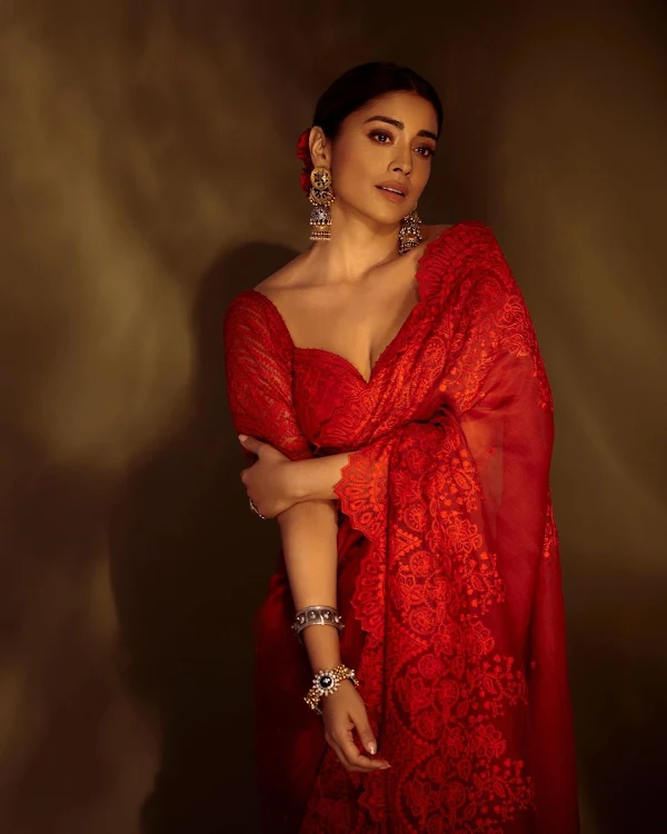 shriya saran cleavage red saree