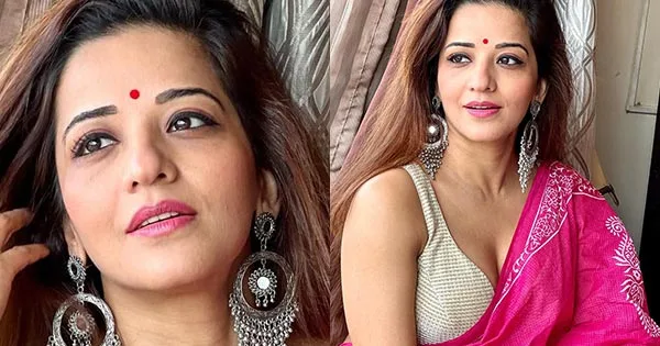 Monalisa looks stunning hot in pink saree with cleavage baring sleevless blouse – see latest hot photos.