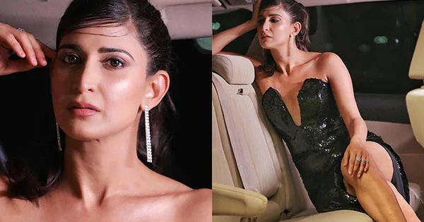 Aahana Kumra sexy legs off shoulder black dress