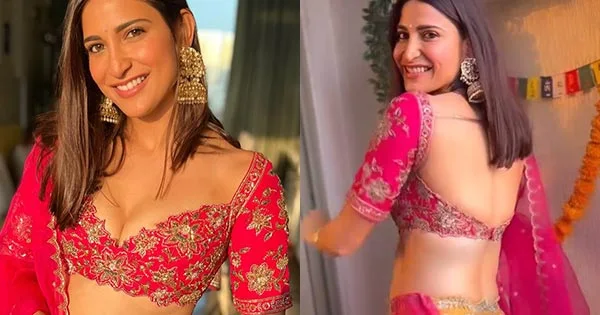 aahana kumra pink lehanga cleavage backless