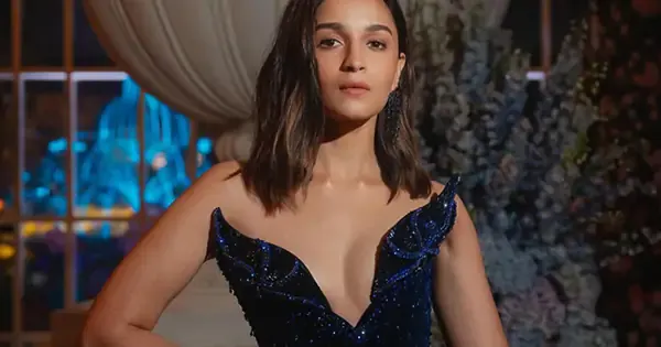 alia bhatt cleavage off shoulder high slit dress