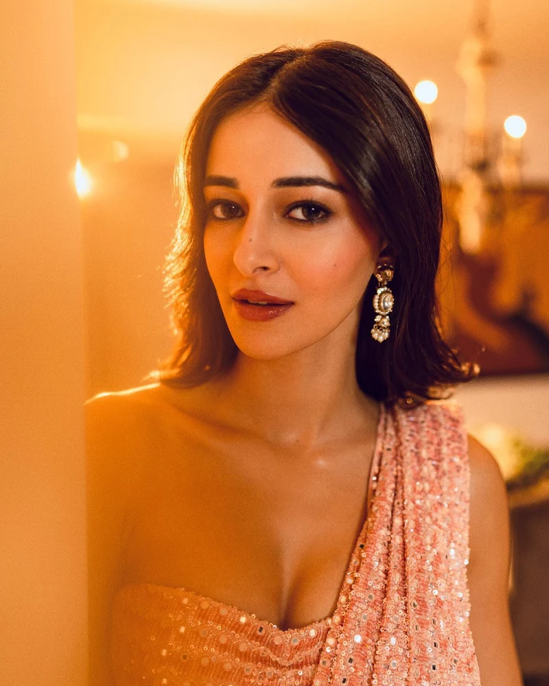 ananya panday pink saree tiny blouse cleavage