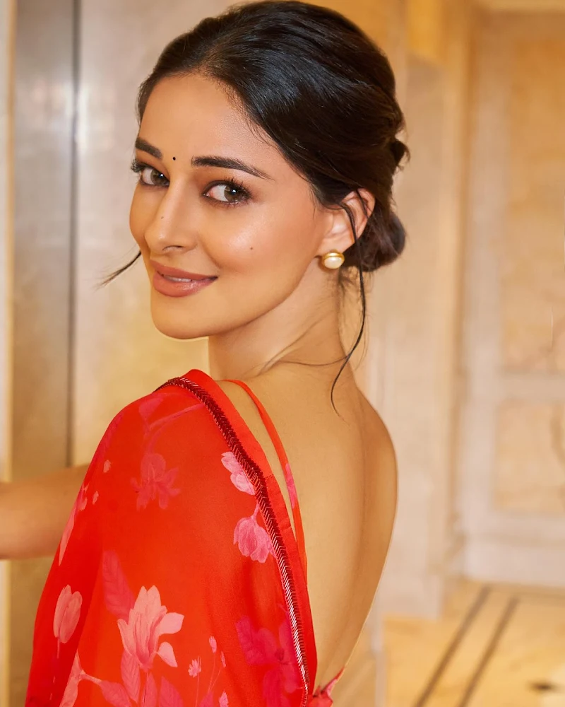 ananya panday red saree backless blouse