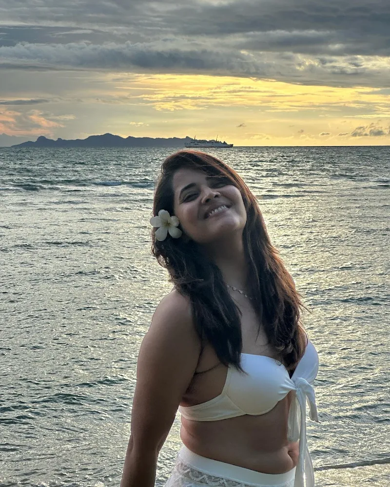 Anasuya Bharadwaj white bikini curvy cleavage navel