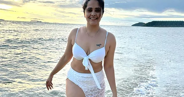 anasuya bhardwaj white bikini curvy actress