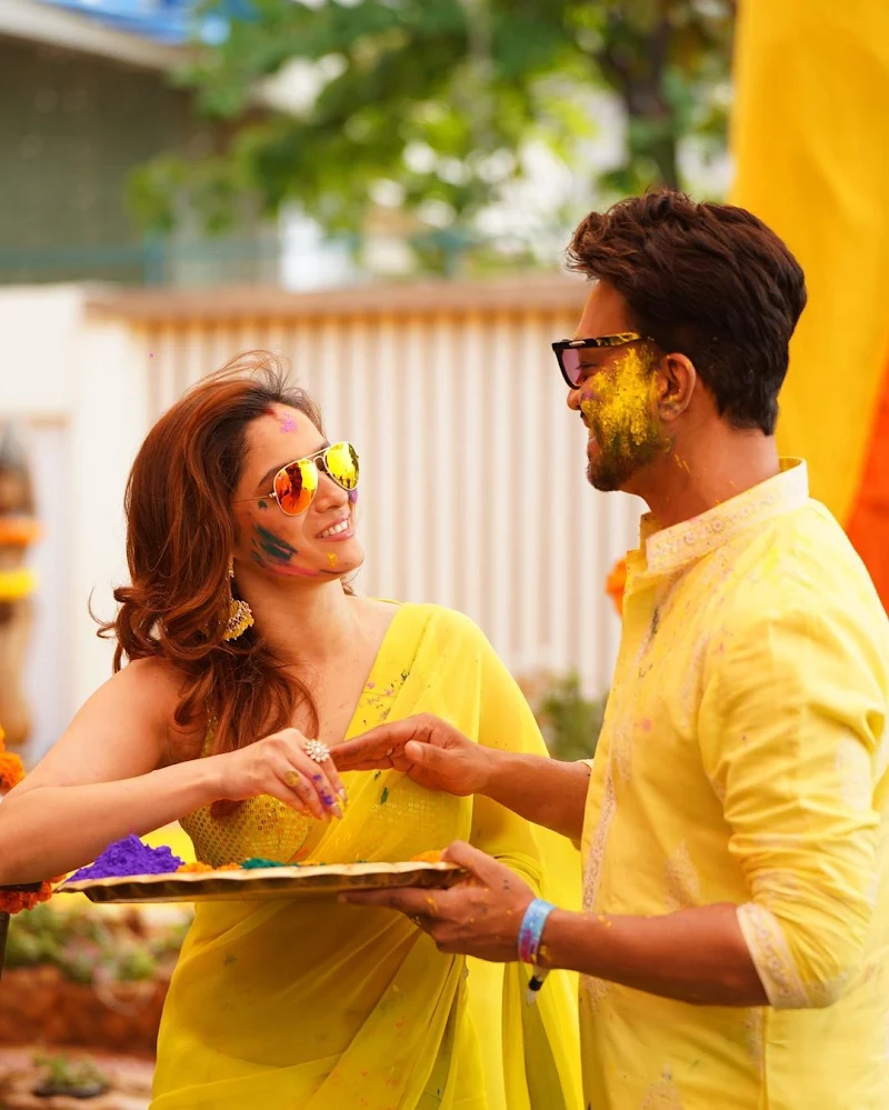 ankita lokhande yellow saree holi pics