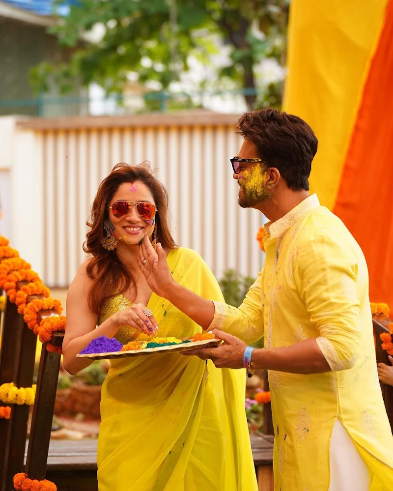 ankita lokhande yellow saree holi pics