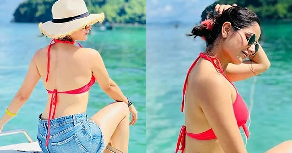 Garuda actress, Ashika Ranganath, in red bikini top with denim shorts sets temperature soaring.