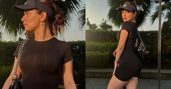 avneet kaur curvy body tight black short outfit