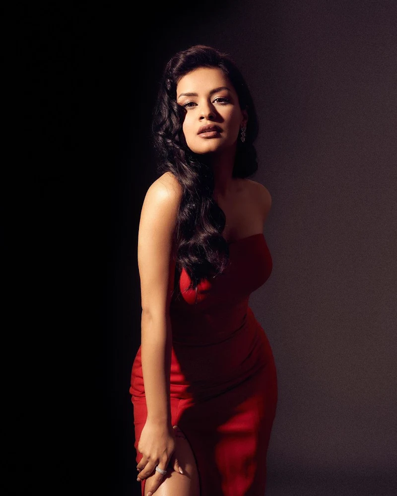 Avneet Kaur red high slit dress curvy actress