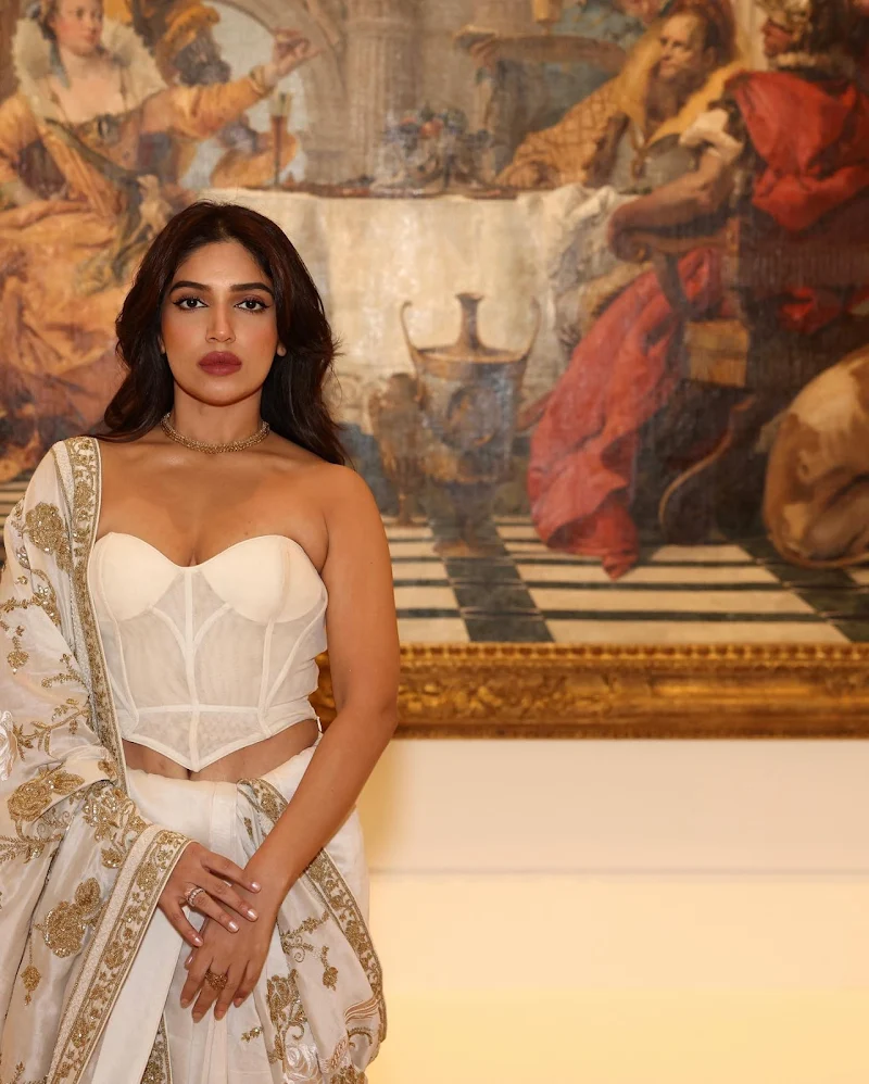 Bhumi Pednekar white saree off shoulder blouse