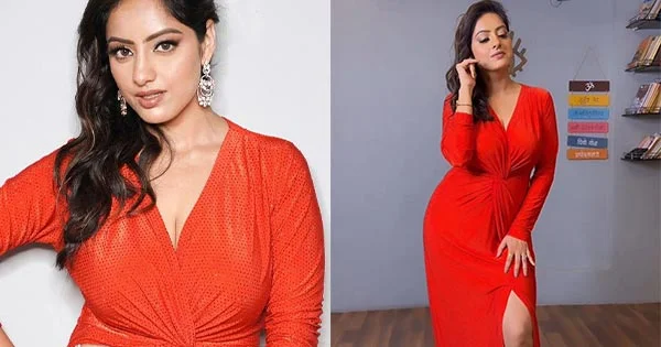 Deepika Singh wows fans with her fine curves and style in this thigh high slit orange dress – see now.