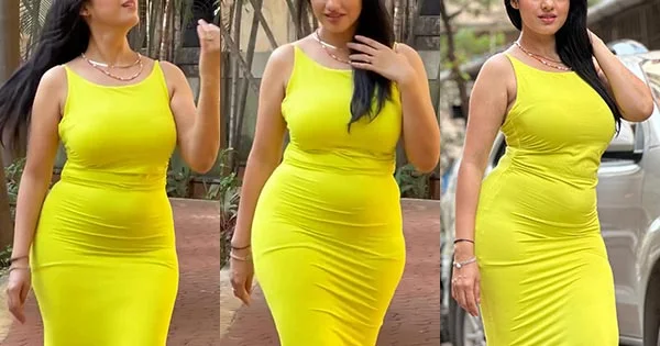 This Curvy Indian actress raises heat with her fine figure in bodycon yellow dress – watch video.