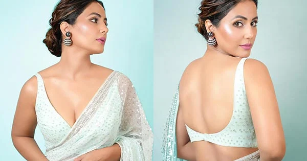 hina khan white saree cleavage backless