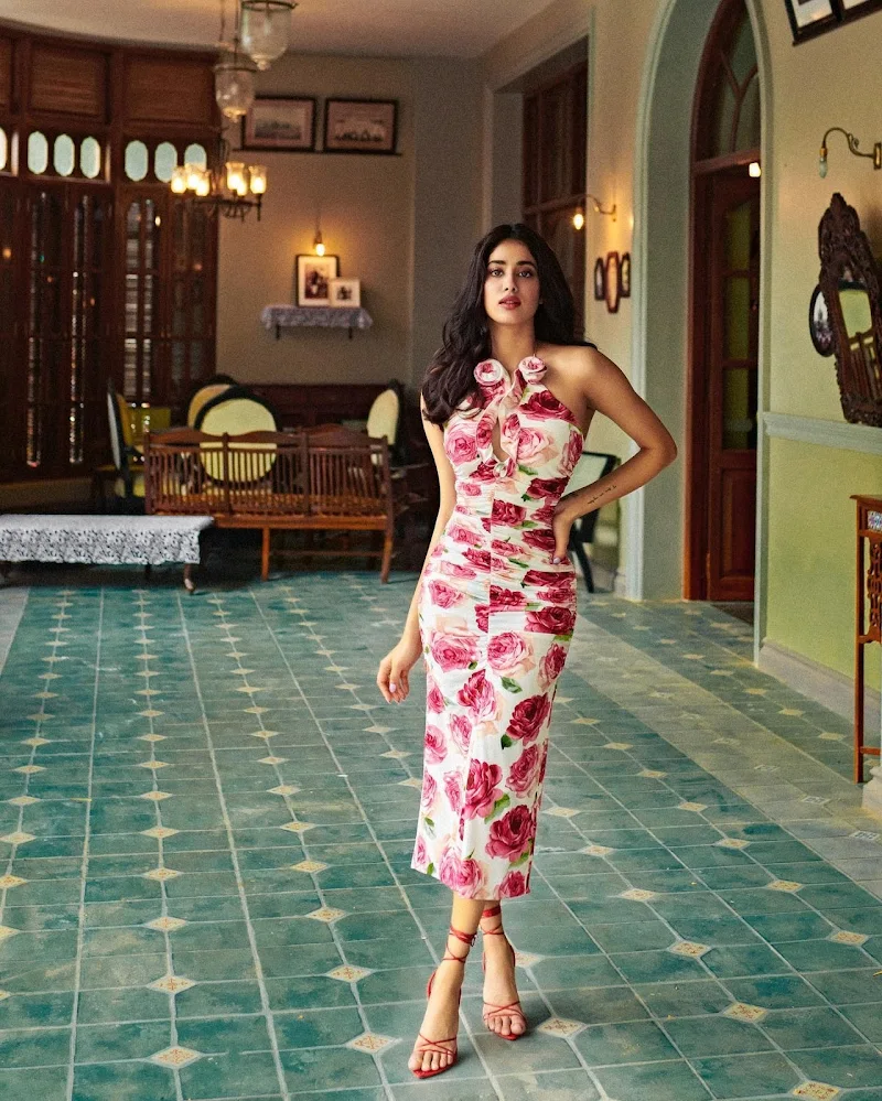 Janhvi Kapoor curvy body tight flower patterned dress