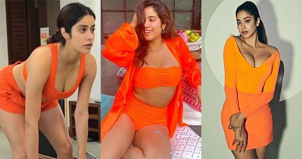 7 hot photos of Bawal actress Janhvi Kapoor in orange dresses, bikini and gym outfits.