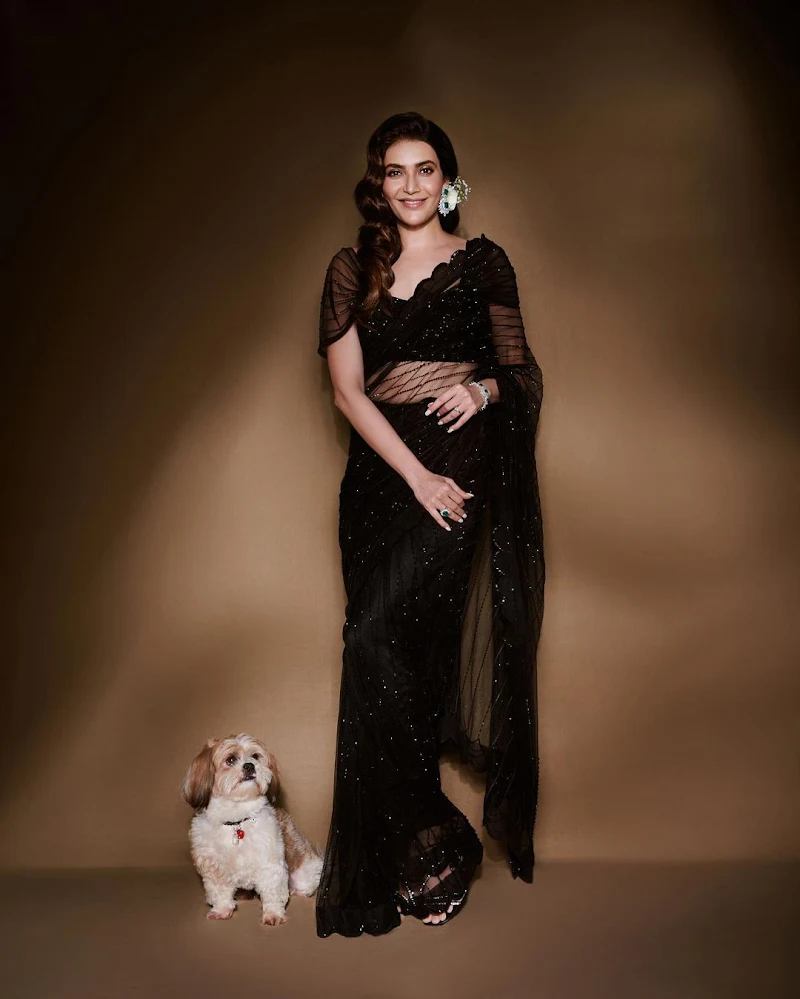 Karishma Tanna sheer black saree hot tv actress