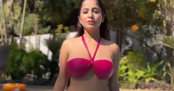 kate sharma red bikini curvy body