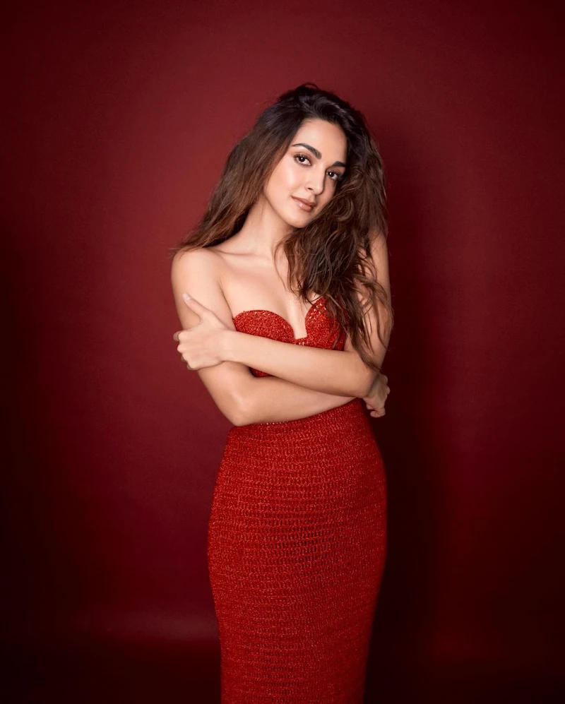 Kiara Advani cleavage off shoulder tight red dress