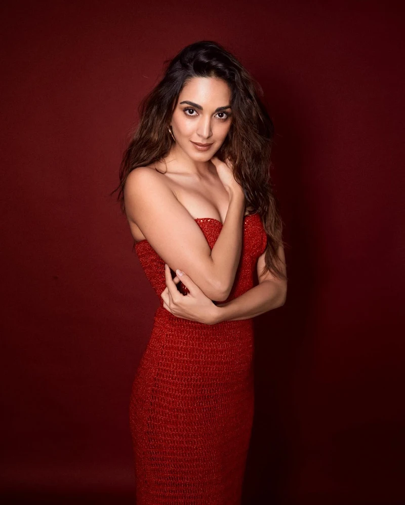 Kiara Advani cleavage off shoulder tight red dress