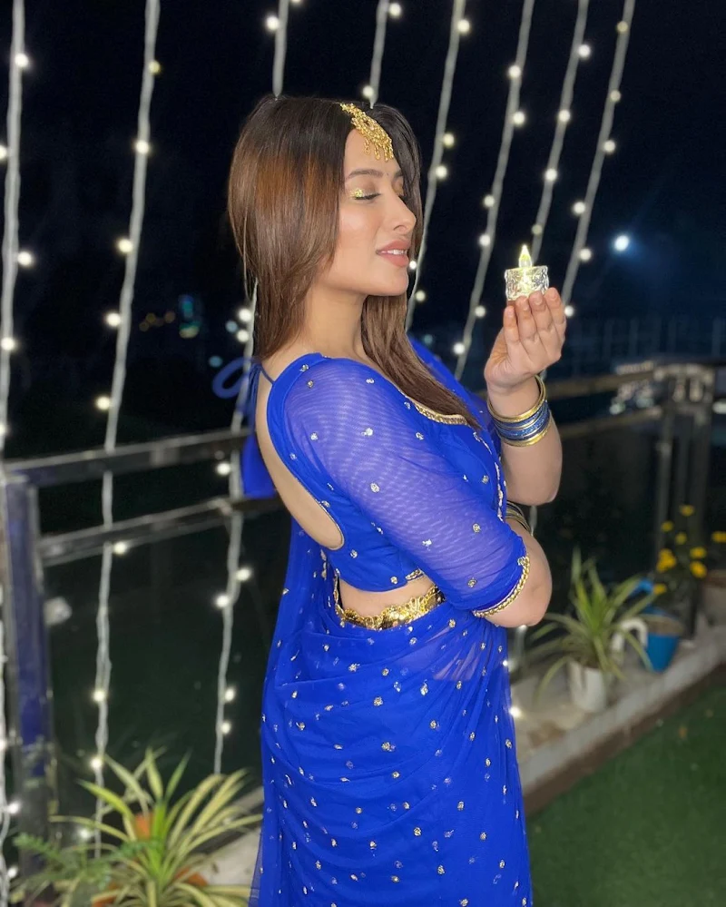 mahira sharma sheer blue saree hot tv actress