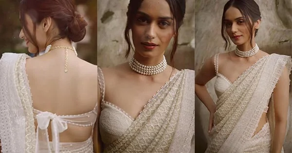 manushi chhillar white saree backless blouse