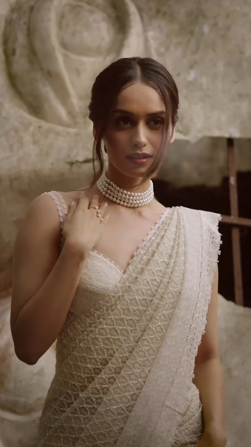 manushi chhillar white saree pearl necklace