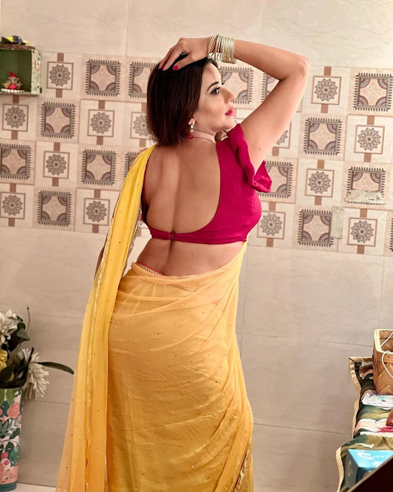 monalisa backless yellow saree curvy actress