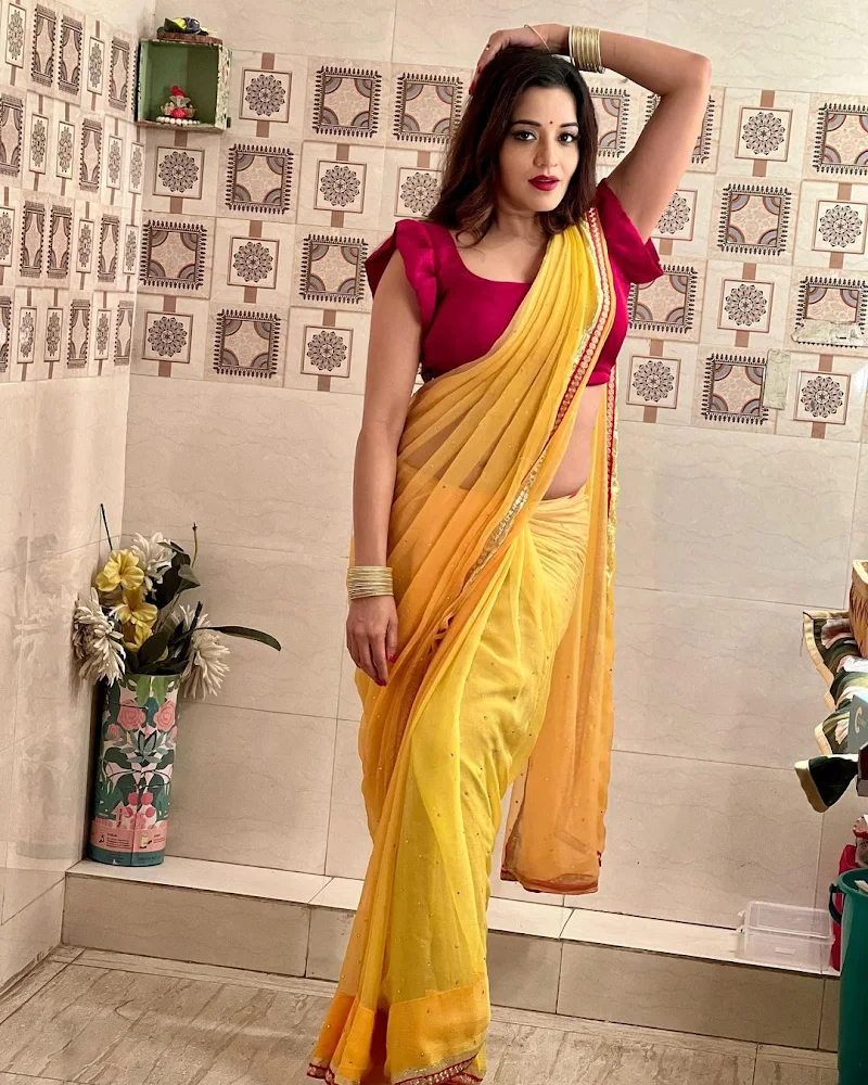 monalisa backless yellow saree curvy actress