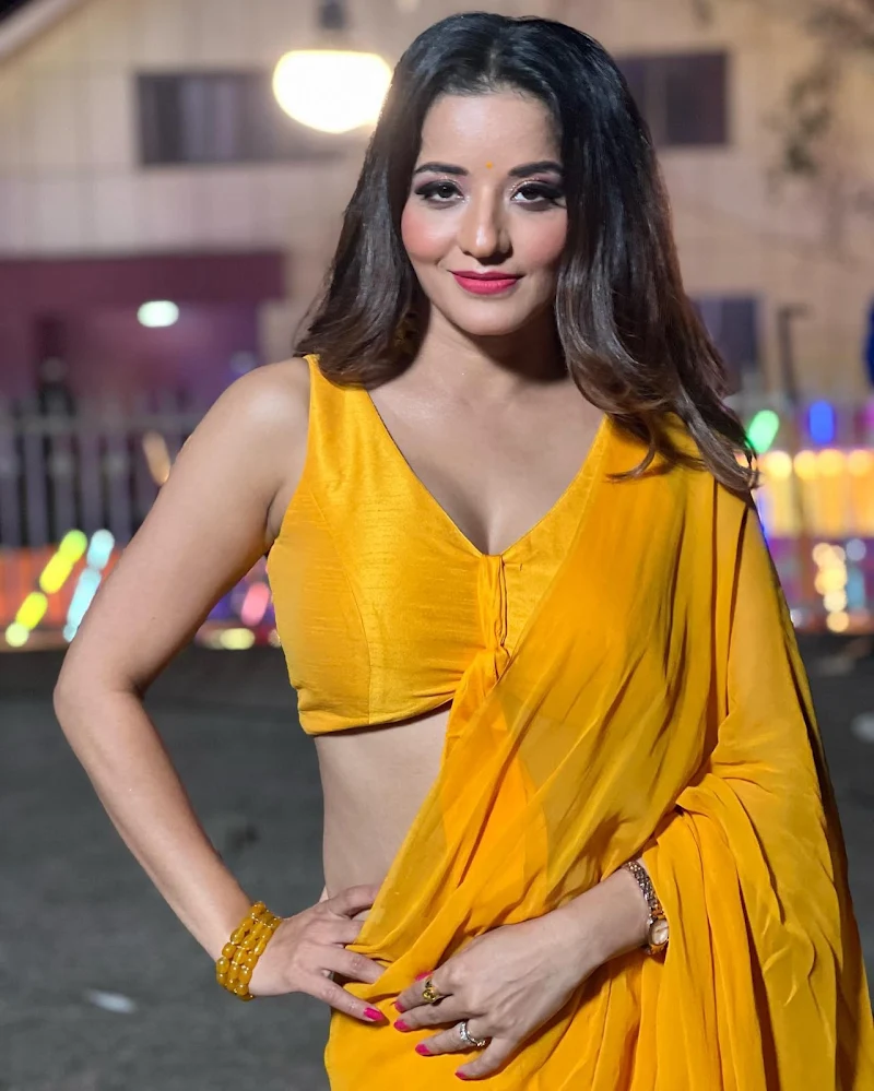 monalisa cleavage yellow saree hot curvy actress