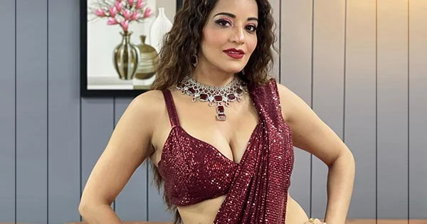 Bekaboo actress, Monalisa, flaunts ample cleavage and fine curves in this stylish shimmery saree – see all photos.