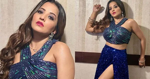 Monalisa in thigh high slit blue attire turns the heat up – see now.