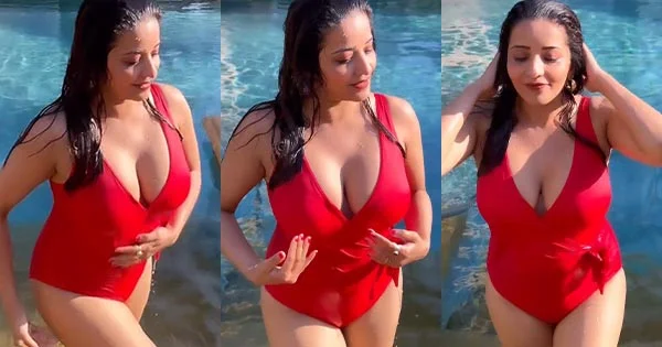 Monalisa puts on a busty and curvy display in this red swimsuit – watch hot video.