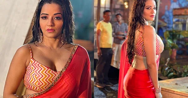 Monalisa is too hot to  handle in wet red saree for Bekaboo scene – see now.