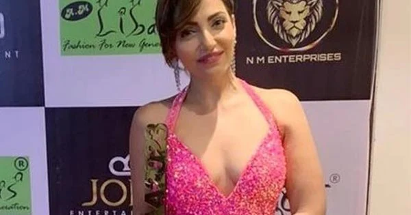 navina bole shimmery pink dress cleavage legs