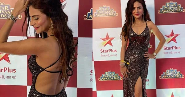 neetu wadhwa backless shimmery high slit dress sexy legs