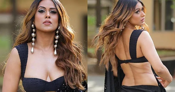 nia sharma cleavage backless black saree