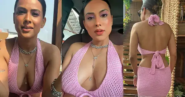 nia sharma cleavage pink crochetted dress