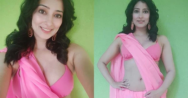 Niharica Raizada pink saree cleavage navel