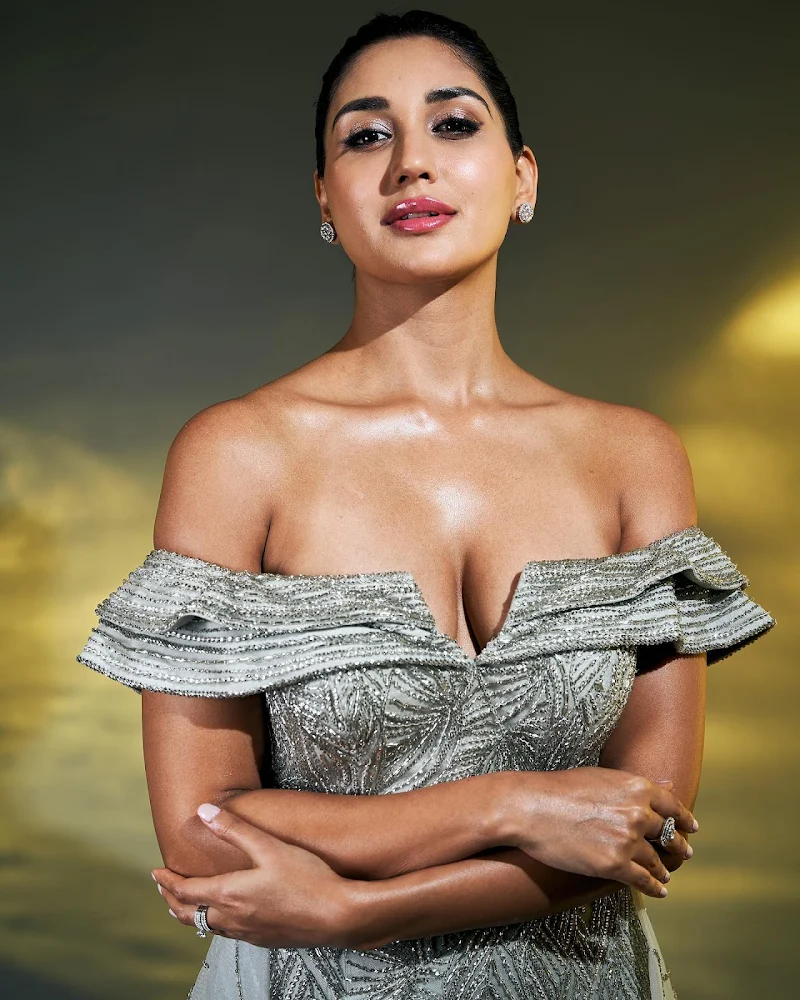 nikita dutta cleavage high slit silver dress