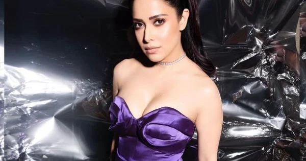 nushrratt bharuccha cleavage short purple dress