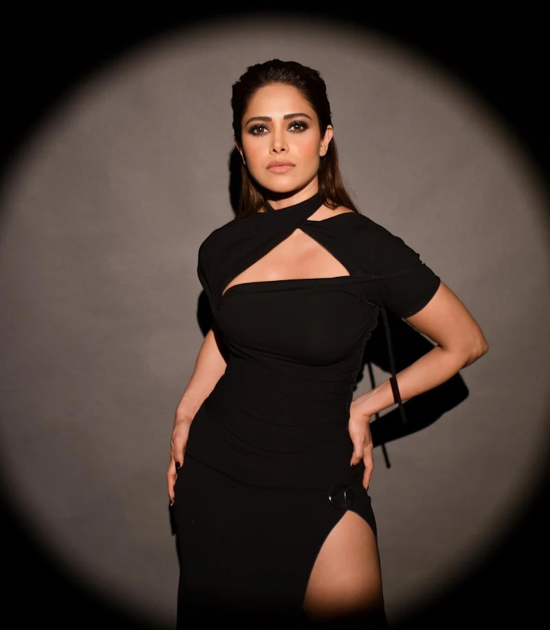 nushrratt bharuccha legs black high slit dress