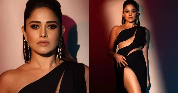 Nushrratt Bharuccha sexy legs thighs high slit black dress