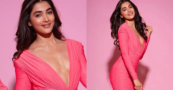 Pooja Hegde in pink bodycon dress with deep neckline flaunts her fine toned figure – see pics.