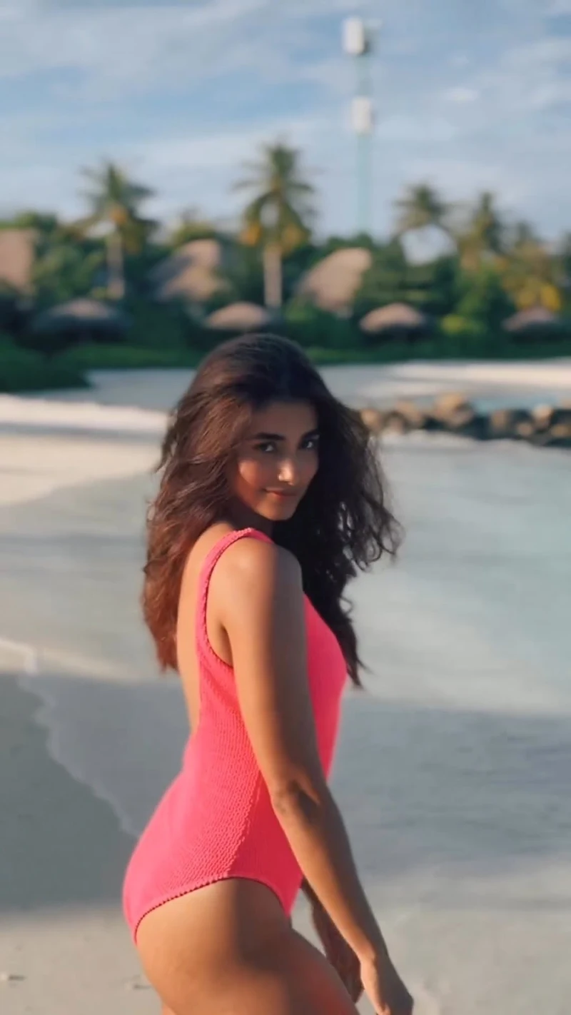 pooja hegde pink swimsuit sexy body