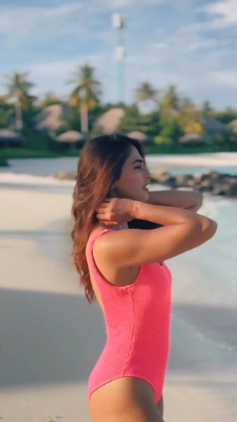 pooja hegde pink swimsuit sexy body