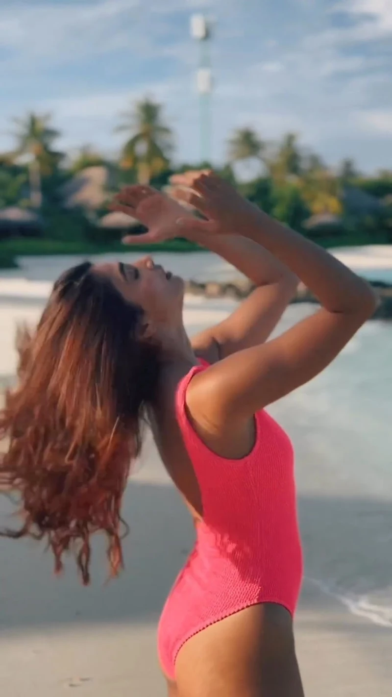 pooja hegde pink swimsuit sexy body