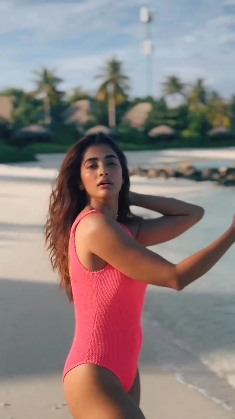 pooja hegde pink swimsuit sexy body