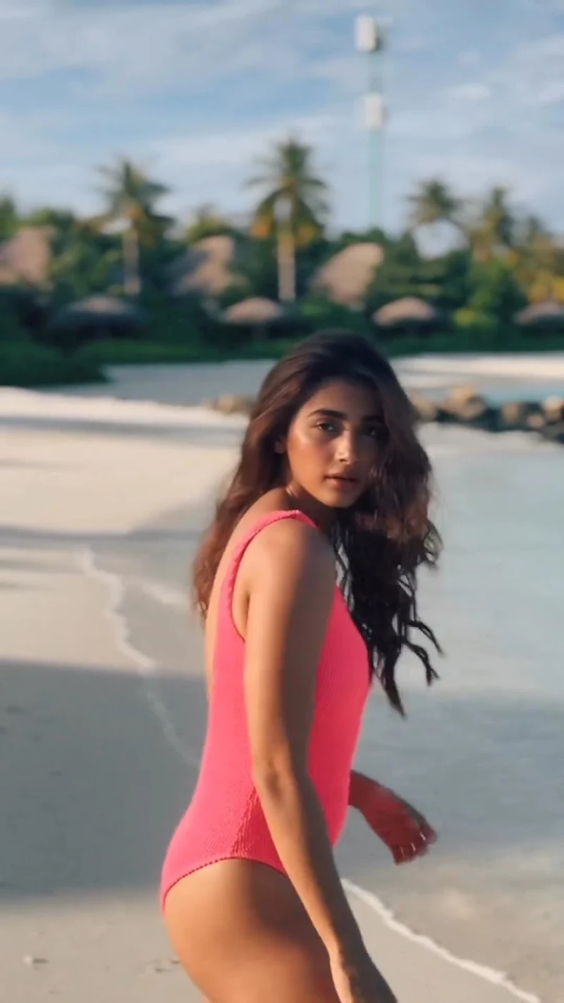 pooja hegde pink swimsuit sexy body